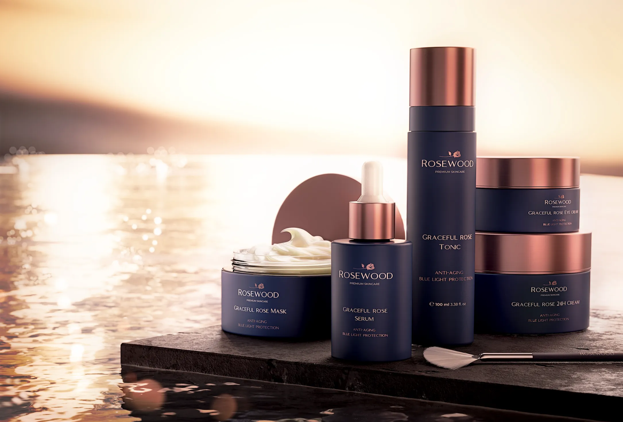 Rosewood skincare collection with copper lids beside sunlit water