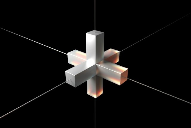 Reflective intersecting rectangular beams with iridescent highlights and thin lines on a black background.