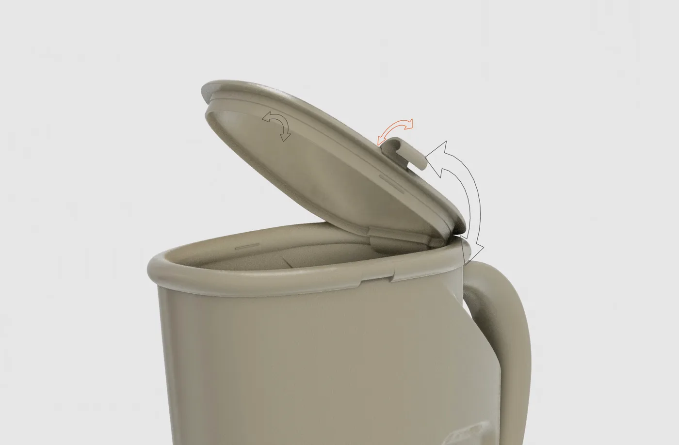 Beige jar with open lid and annotation arrows demonstrating a controllable 3D product rig