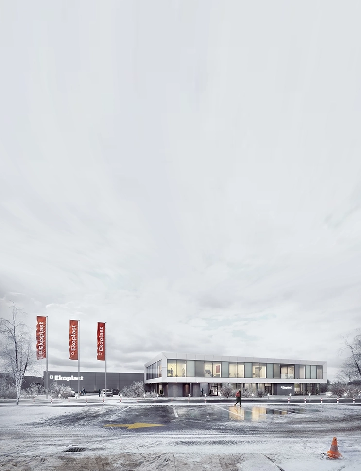 Modern Ekoplast office and industrial building in a winter streetscape